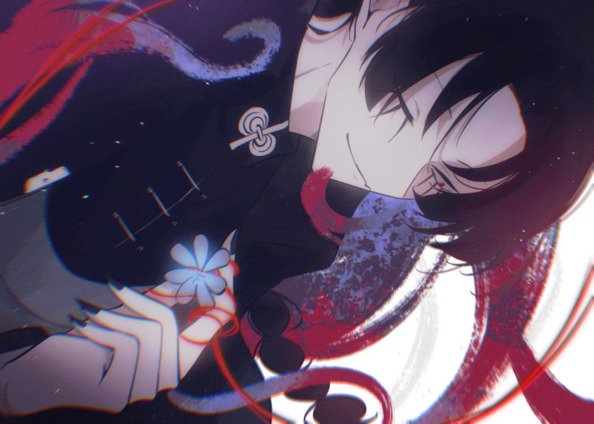 1boy absurdres black_hair black_nails character_request closed_eyes closed_mouth demon_boy highres light_smile mairimashita!_iruma-kun male_focus solo string string_of_fate xixidong57237