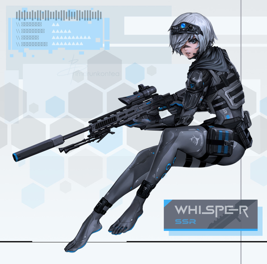 1girl black_bodysuit bodysuit elbow_pads facial_mark goddess_of_victory:_nikke grey_eyes grey_hair gun hair_over_one_eye highres holding holding_gun holding_weapon imdrunkontea looking_at_viewer night_vision_device original parted_lips rifle short_hair sniper_rifle solo toes trigger_discipline weapon