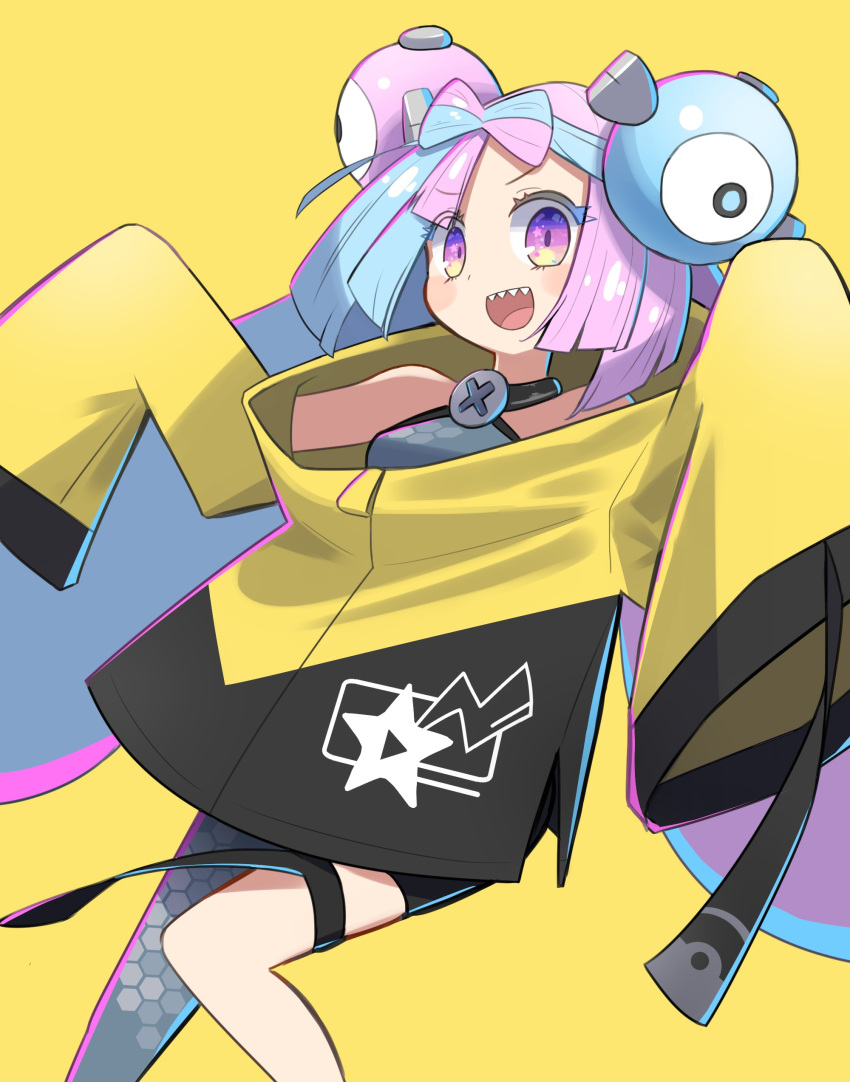 absurdres bow-shaped_hair character_hair_ornament grey_pantyhose hair_ornament hexagon_print highres iono_(pokemon) jacket kanawo_tu0 long_hair low-tied_long_hair oversized_clothes pantyhose pokemon pokemon_(game) pokemon_sv sharp_teeth single_leg_pantyhose sleeves_past_fingers sleeves_past_wrists teeth twintails very_long_sleeves x yellow_jacket