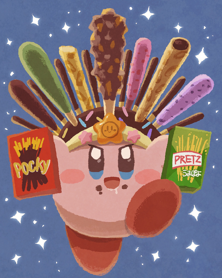 candy candy_hat_ornament chocolate facing_viewer food food_on_face highres holding holding_food holding_pocky kirby kirby_(series) looking_at_viewer miclot no_humans open_mouth pocky pocky_day saliva solo sparkle