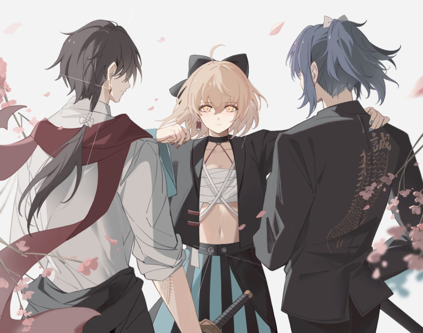 1girl 2boys arm_tattoo black_hair blonde_hair bow cherry_blossoms chest_sarashi crossover dullnoko earrings fate/grand_order fate_(series) from_behind hair_bow hanafuda_earrings hand_on_another's_shoulder high_ponytail highres holding holding_sheath holding_sword holding_weapon jacket jewelry kashuu_kiyomitsu katana long_hair multiple_boys navel okita_souji_(fate) open_clothes open_jacket ponytail red_scarf sarashi scarf sheath shinsengumi sword tattoo touken_ranbu trait_connection weapon yamato-no-kami_yasusada yellow_eyes