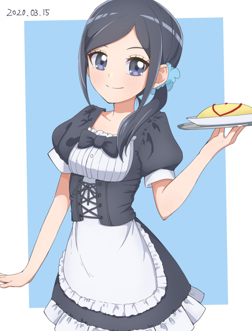1girl 2020 aizawa_zawapo alternate_costume apron bangs black_bow black_bowtie black_hair black_skirt black_sleeves blue_eyes blue_scrunchie blush bow bowtie closed_mouth dated enmaided food frilled_skirt frills hair_ornament hair_over_shoulder hair_scrunchie healin'_good_precure highres holding holding_plate long_hair looking_at_viewer maid miniskirt omelet omurice parted_bangs plate precure sawaizumi_chiyu scrunchie shiny shiny_hair short_sleeves skirt smile solo standing underbust waist_apron white_apron
