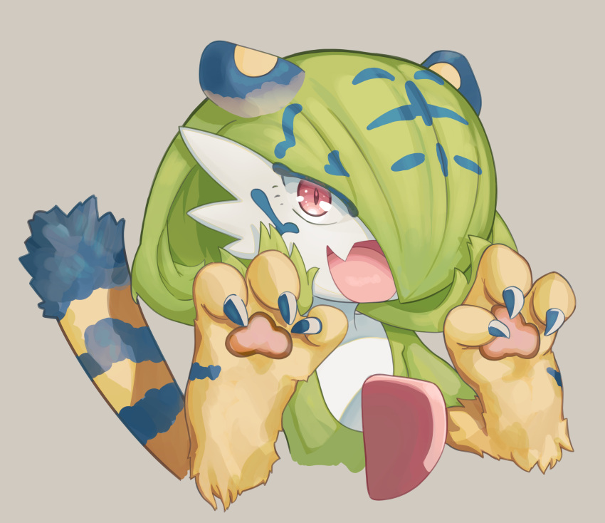 1girl absurdres animal_ears animal_hands bangs blue_fur blue_hair bob_cut body_fur claw_pose claws colored_skin commentary cropped_torso fang flat_chest gardevoir green_hair green_skin grey_background hair_over_one_eye hands_up happy highres looking_at_viewer mentaiko_jojotarou multicolored_hair multicolored_skin one_eye_covered open_mouth pawpads pokemon pokemon_(creature) red_eyes romaji_commentary short_hair simple_background skin_fang smile solo striped_tail tail tiger_ears tiger_girl tiger_tail two-tone_fur two-tone_hair two-tone_skin upper_body white_skin yellow_fur