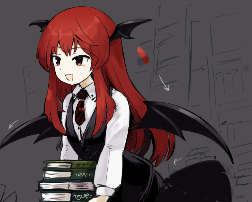 1girl :d bat_wings book book_stack happy head_wings holding holding_book koakuma long_hair necktie open_book open_mouth reading red_eyes redhead shirt smile solo touhou wings yukihiko_(sky_sleep)