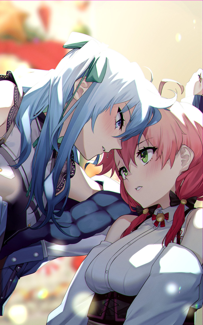 2girls absurdres ahoge backlighting bare_shoulders black_bow blue_hair bow commentary detached_sleeves eredhen eye_contact face-to-face forehead-to-forehead from_side green_bow green_eyes hair_between_eyes hair_bow heads_together highres hololive hoshimachi_suisei kabedon long_hair looking_at_another multiple_girls off_shoulder parted_lips pink_hair sakura_miko star_(symbol) upper_body virtual_youtuber yuri