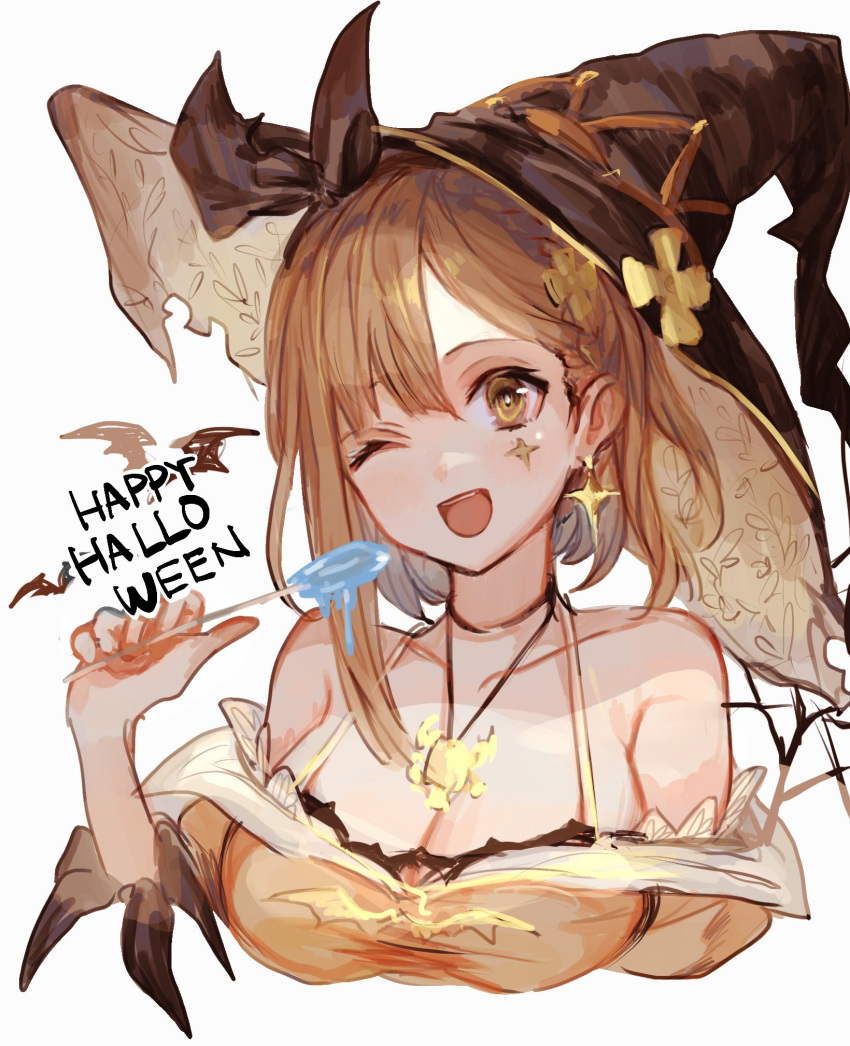 1girl atelier_(series) atelier_ryza atelier_ryza_2 blush breasts brown_eyes brown_hair candy earrings food hair_ornament halloween_costume hat highres holding holding_candy holding_food holding_lollipop jewelry large_breasts le21day lollipop looking_at_viewer necklace one_eye_closed open_mouth reisalin_stout short_hair smile solo witch_hat