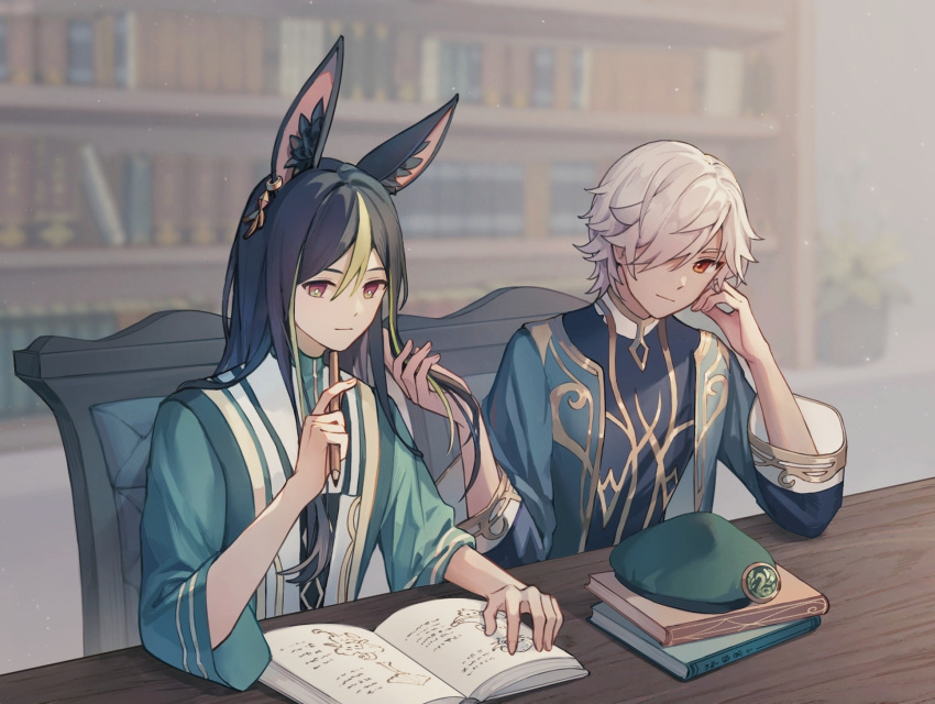 2boys alternate_costume animal_ear_fluff animal_ears black_hair book cyno_(genshin_impact) dark-skinned_male dark_skin fox_boy fox_ears genshin_impact green_eyes green_hair hair_between_eyes hand_in_another's_hair highres holding holding_pen hymisty indoors jackal_ears library long_hair looking_at_another male_focus multicolored_hair multiple_boys pen red_eyes streaked_hair tighnari_(genshin_impact) white_hair