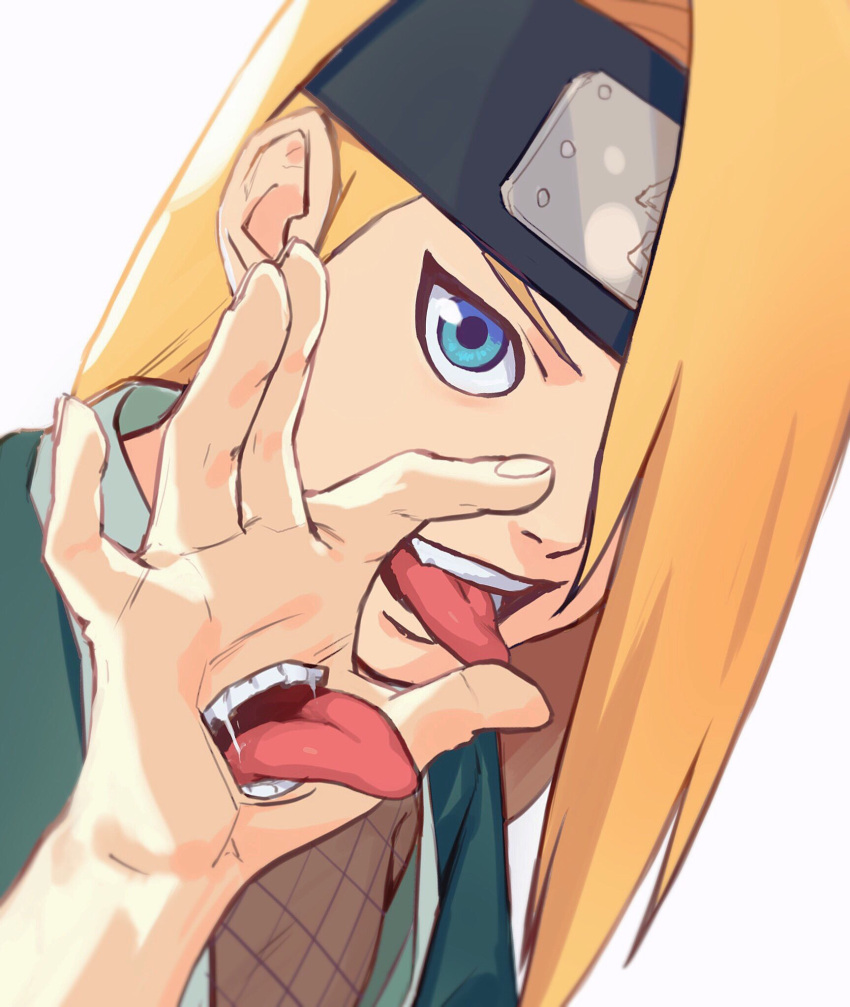 1boy blonde_hair blue_eyes deidara_(naruto) extra_mouth extra_tongue forehead_protector hair_over_one_eye hand_mouth headband highres male_focus naruto_(series) naruto_shippuuden open_mouth sekisei smile solo tongue tongue_out upper_body