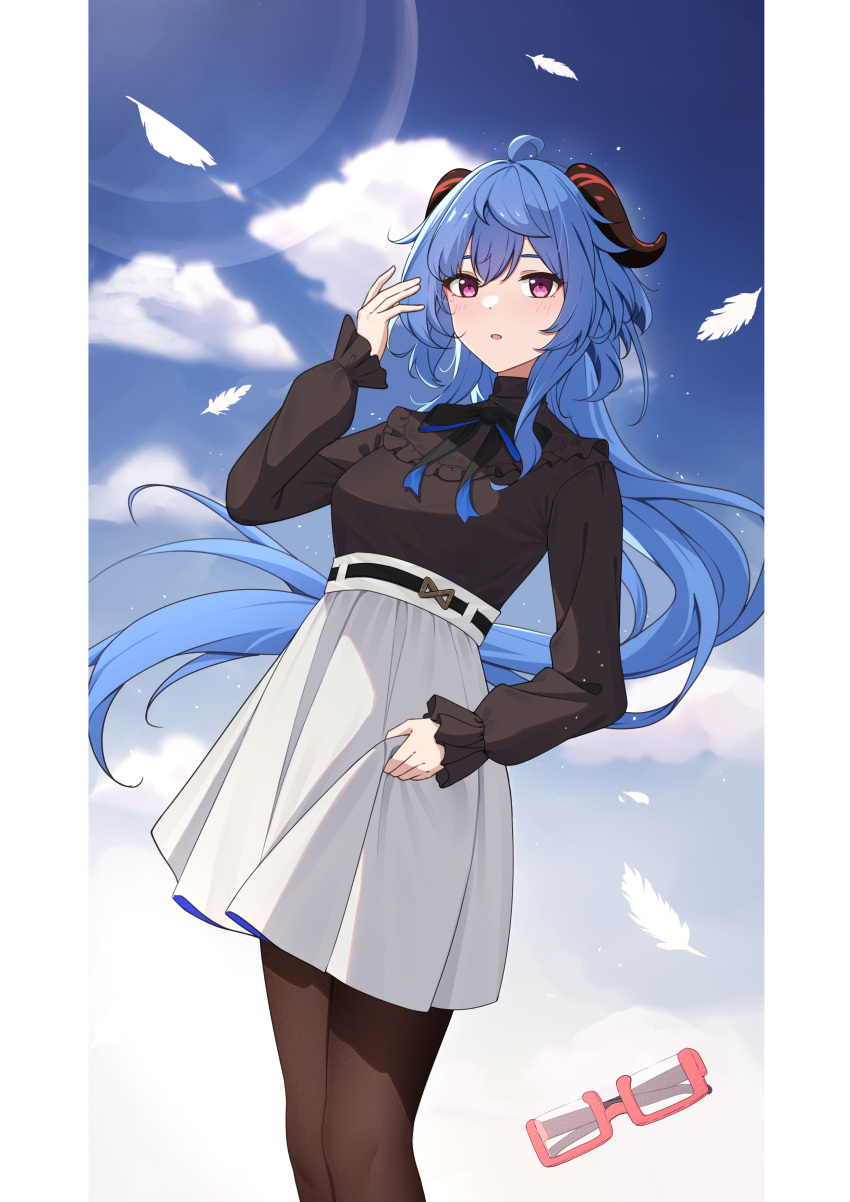1girl absurdres ahoge bangs black_bow black_pantyhose black_shirt blue_hair blue_sky blush bow breasts clouds eyewear_removed feathers frilled_shirt frilled_sleeves frills ganyu_(china_merchants_bank)_(genshin_impact) ganyu_(genshin_impact) genshin_impact glasses high-waist_skirt highres horns l.tea long_hair long_skirt long_sleeves looking_at_viewer medium_breasts official_alternate_costume pantyhose red-framed_eyewear semi-rimless_eyewear shirt shirt_tucked_in sidelocks skirt sky solo standing turtleneck violet_eyes white_skirt