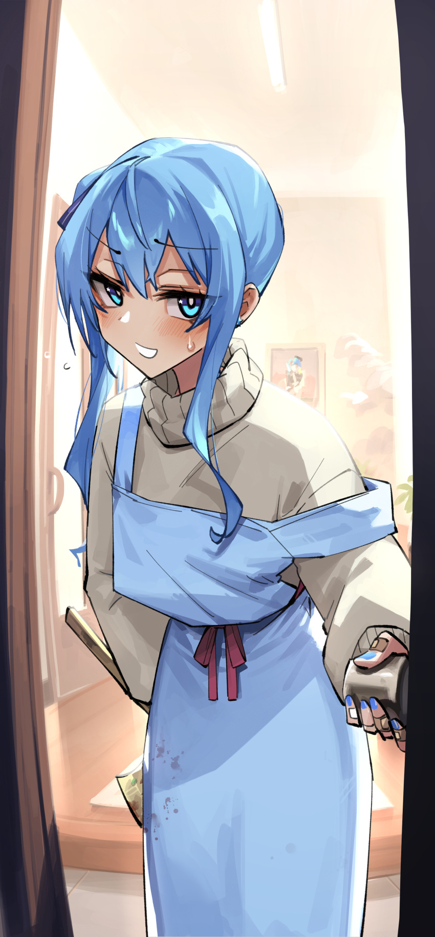 1girl absurdres adarin apron axe bandaid bandaid_on_hand blue_eyes blue_hair casual door highres holding holding_axe hololive hoshimachi_suisei long_hair looking_at_viewer open_door side_ponytail solo sweat sweatdrop sweater virtual_youtuber weapon_behind_back
