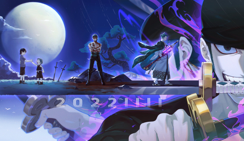 absurdres aura biting blood child crossed_arms drawing_sword earrings full_moon green_hair grin highres holding holding_sword holding_weapon japanese_clothes jewelry kuina male_focus moon multiple_views one_piece planted planted_sword qin_(7833198) roronoa_zoro rubble short_hair short_sleeves shorts smile standing sword symbolism torn_clothes tree weapon weapon_in_mouth