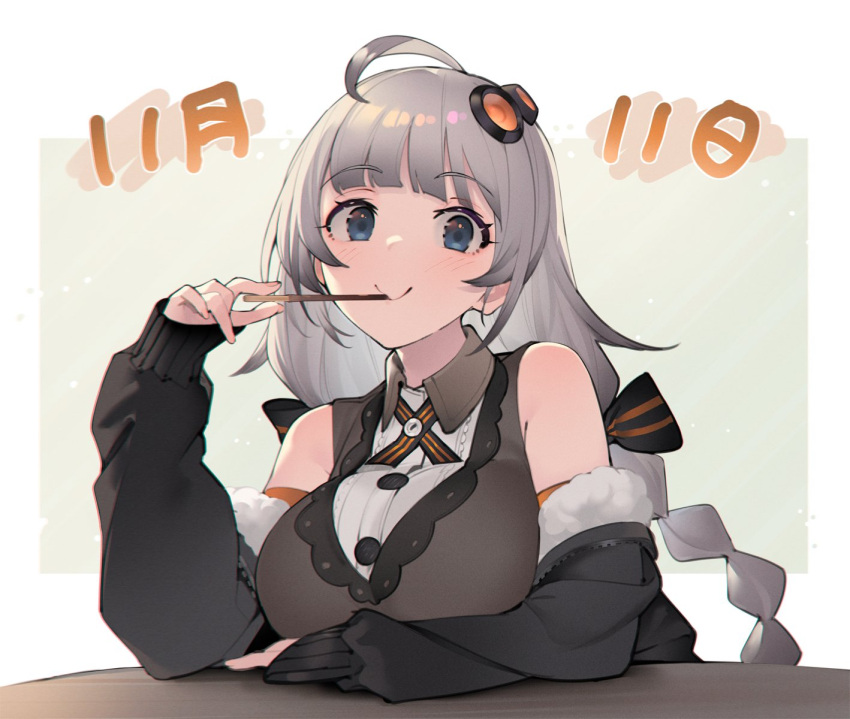 1girl ahoge bangs bare_shoulders black_bow black_jacket blue_eyes blunt_bangs bow braid breasts brown_shirt character_name closed_mouth collared_shirt commentary_request dated food food_in_mouth food_on_hand gloves grey_hair hair_bow hair_ornament hand_on_table highres holding holding_food holding_pocky jacket jacket_partially_removed kizuna_akari large_breasts long_hair long_sleeves looking_at_viewer multiple_hair_bows pocky pocky_day shirinda_fureiru shirt simple_background sleeveless sleeveless_shirt smile solo twin_braids upper_body voiceroid