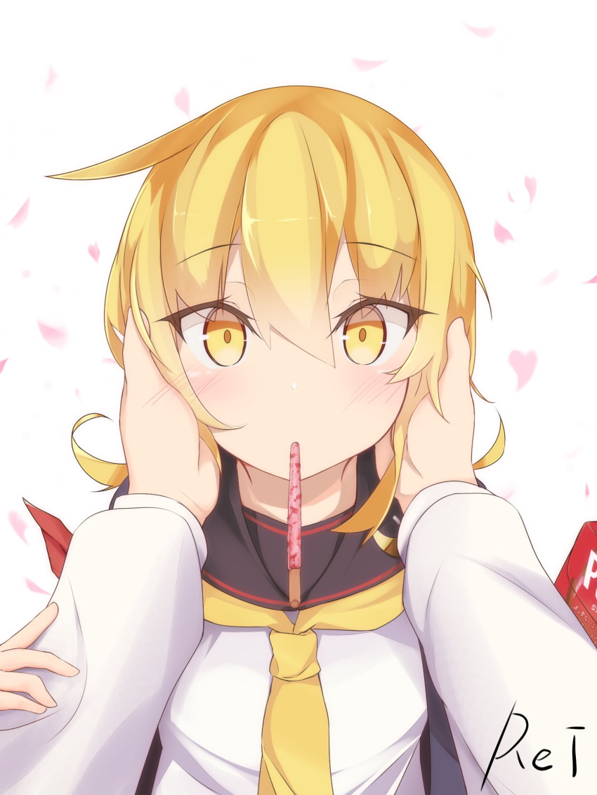 blonde_hair crescent crescent_pin etsuransha_no_rei food hand_on_another's_cheek hand_on_another's_face highres kantai_collection long_hair looking_at_viewer pocky pocky_day satsuki_(kancolle) school_uniform serafuku signature yellow_eyes