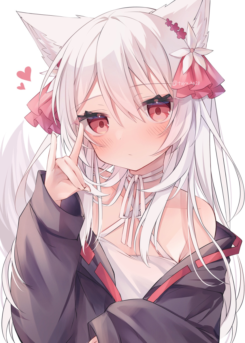 1girl animal_ears bare_shoulders black_jacket fox_ears fox_girl fox_shadow_puppet fox_tail halter_shirt halterneck highres jacket long_hair long_sleeves looking_at_viewer off_shoulder open_clothes open_jacket original red_eyes ringouulu shirt tail white_hair white_shirt