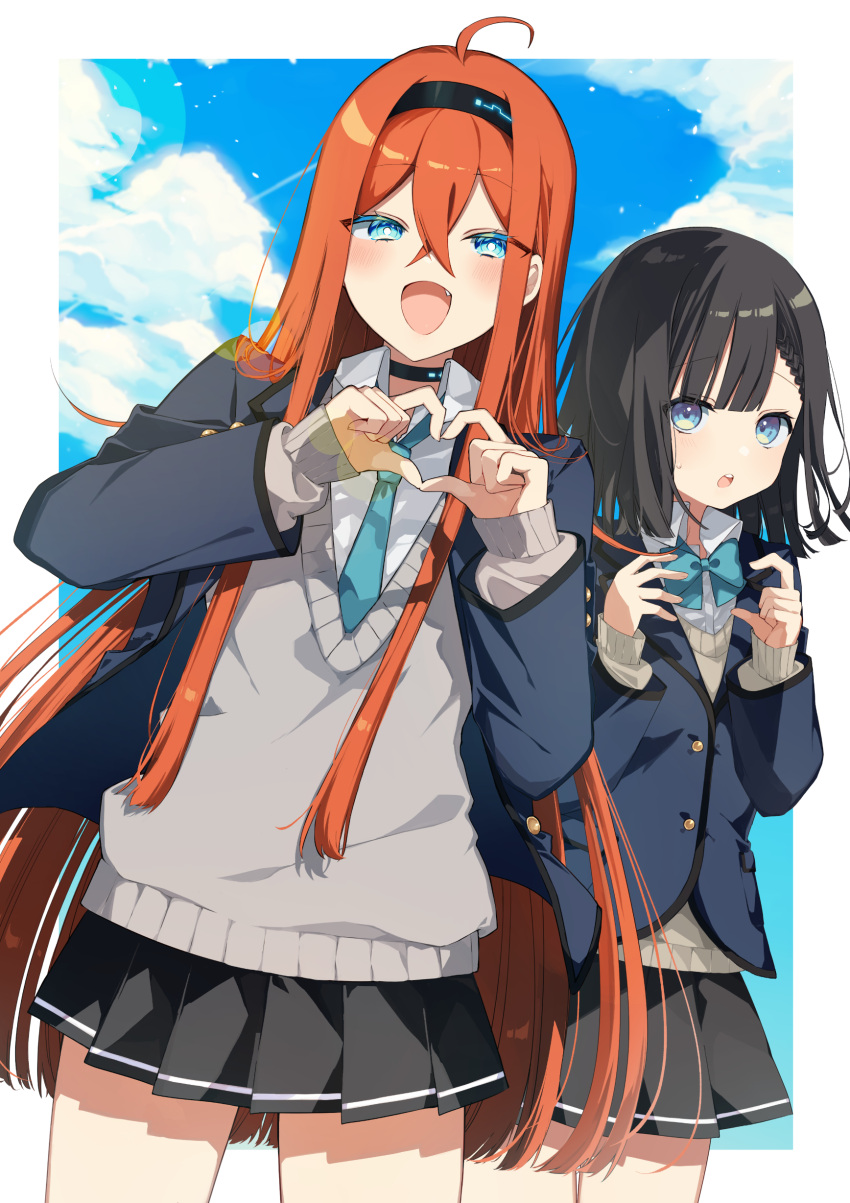 2girls :d :o absurdres ahoge black_hair black_hairband black_skirt blazer blue_bow blue_eyes blue_jacket blue_necktie blue_sky blush bow brown_sweater clouds collared_shirt commentary_request copyright_request day fang grey_sweater hairband hands_up heart heart_hands highres jacket long_hair long_sleeves looking_at_viewer multiple_girls necktie open_clothes open_jacket orange_hair pleated_skirt puffy_long_sleeves puffy_sleeves school_uniform shirt skirt sky sleeves_past_wrists smile sofra standing sweat sweater teeth upper_teeth very_long_hair white_shirt