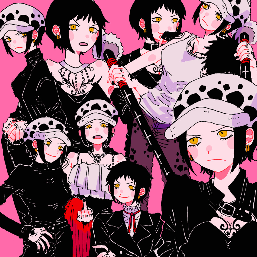 1girl absurdres black_hair blush chest_tattoo collage earrings genderswap genderswap_(mtf) hand_tattoo hat highres jewelry one_piece panther_print pink_background short_hair smile solo sword tattoo trafalgar_law weapon yellow_eyes