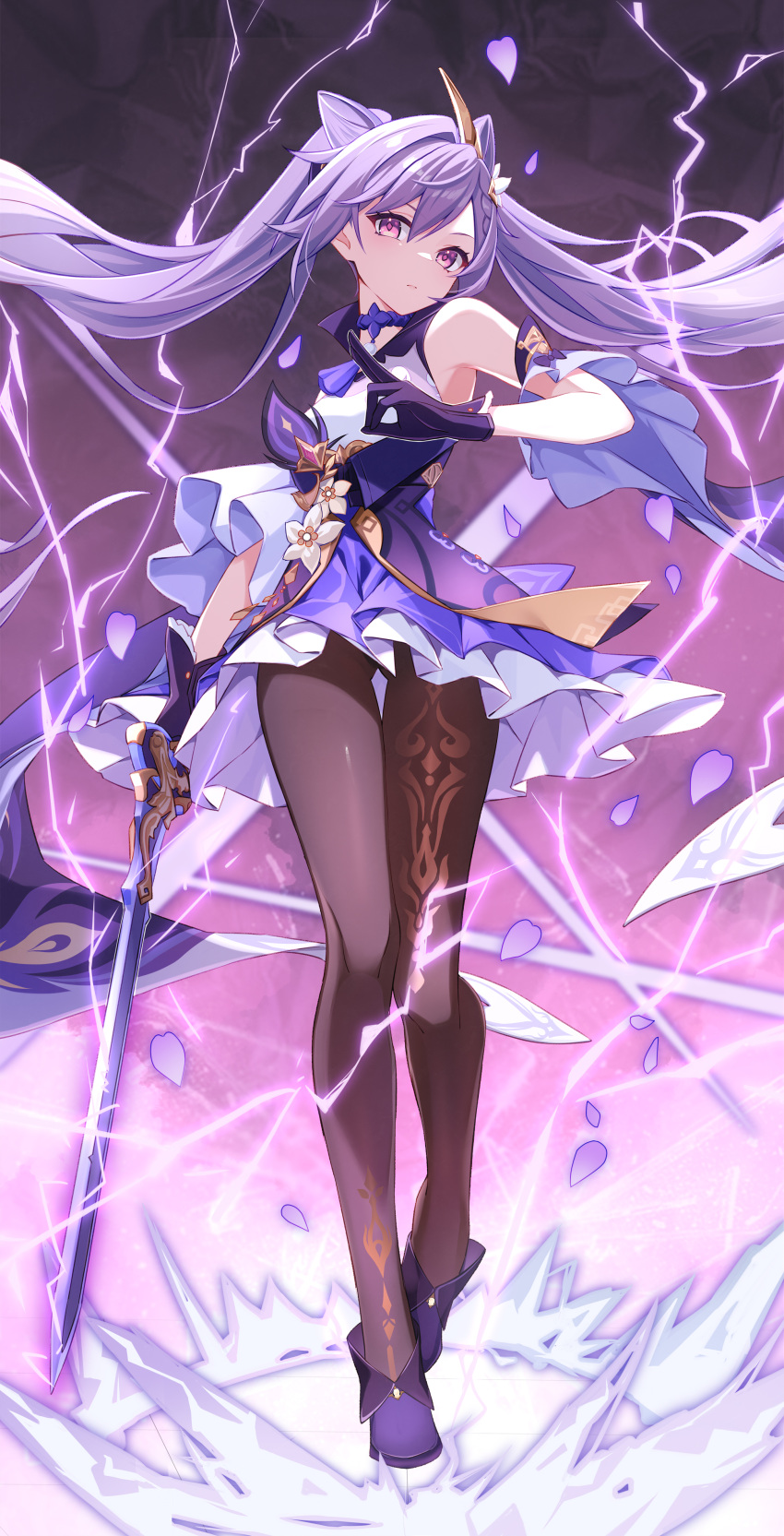 1girl absurdres bare_shoulders boots braid brown_pantyhose closed_mouth cone_hair_bun detached_sleeves double_bun electricity falling_petals frilled_gloves frilled_skirt frilled_sleeves frills full_body genshin_impact gloves hair_bun hair_ornament high-waist_skirt highres holding holding_sword holding_weapon keqing_(genshin_impact) kuji-in long_hair looking_at_viewer neck_tassel pantyhose petals purple_footwear purple_gloves purple_hair purple_skirt shirt skirt sleeveless sleeveless_shirt solo standing standing_on_one_leg sword tassel_choker twintails tyenka7728 violet_eyes weapon white_shirt wide_sleeves
