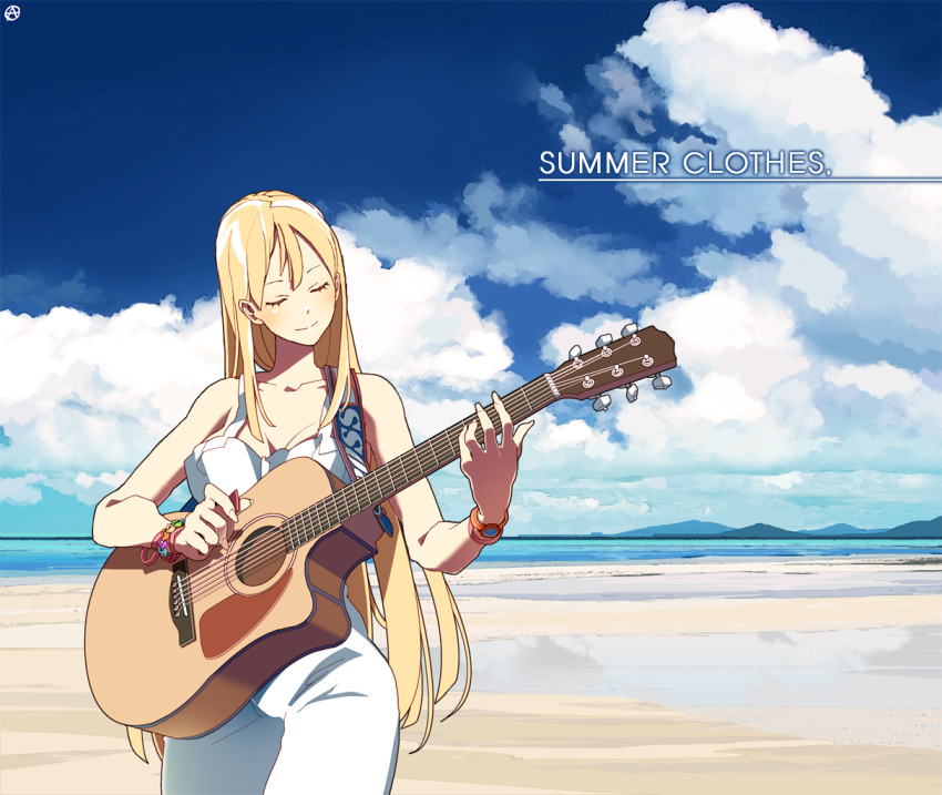 acoustic_guitar background_text bare_shoulders beach blonde_hair blue_sky bracelet circle_a closed_eyes closed_mouth clouds cloudy_sky commentary_request day dress english_commentary english_text guitar halterneck holding holding_instrument instrument jewelry landscape long_hair mountain mountainous_horizon music ocean original partial_commentary playing_instrument plectrum seascape sky sleeveless sleeveless_dress smile sundress very_long_hair white_dress