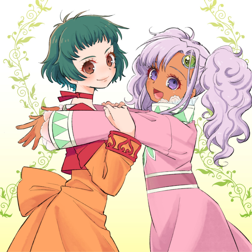 2girls 4lily absurdres choker closed_mouth dark-skinned_female dark_skin dress farah_oersted green_hair highres long_hair looking_at_viewer meredy_(tales) multiple_girls open_mouth purple_hair short_hair smile tales_of_(series) tales_of_eternia twintails violet_eyes