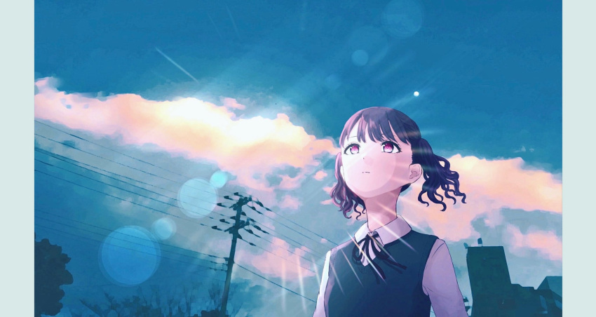 artist_request black_hair black_ribbon clouds cloudy_sky commentary_request fukumaru_koito highres idolmaster idolmaster_shiny_colors lens_flare looking_up neck_ribbon ribbon school_uniform shirt sky sunlight sweater_vest twintails upper_body violet_eyes white_shirt