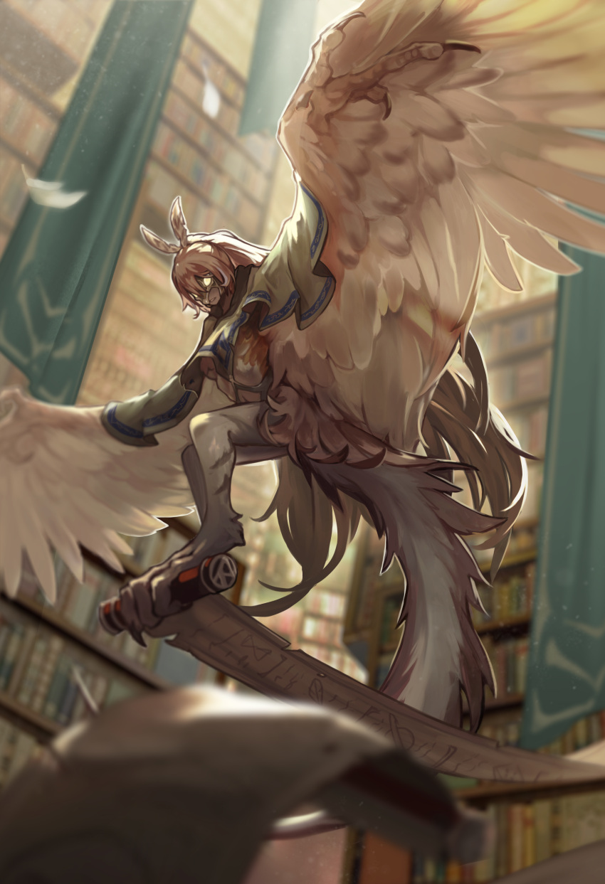 1girl absurdres bangs brown_hair feather_hair_ornament feathered_wings feathers hair_ornament harpy highres holding holding_scroll hololive hololive_english library long_hair mask monster_girl multicolored_hair nanashi_mumei old-night ponytail scroll solo streaked_hair talons very_long_hair virtual_youtuber winged_arms wings