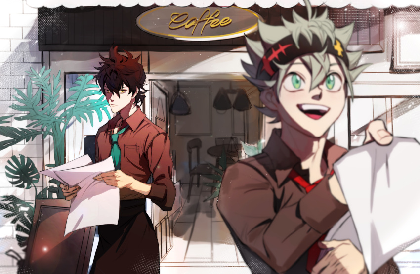 2boys alternate_costume asta_(black_clover) black_clover black_hair cafe caosishao collared_shirt green_eyes green_necktie grey_hair highres male_focus messy_hair multiple_boys necktie plant red_necktie shirt smile spiky_hair waiter yellow_eyes yuno_(black_clover)