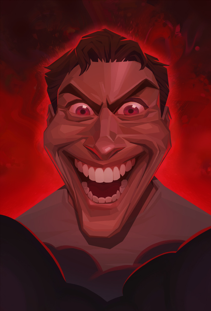 1boy brown_hair corax42 crazy english_commentary evil_grin evil_smile grey_shirt grin highres jerma985 jerma985_(person) looking_at_viewer meme open_mouth real_life red_background red_eyes red_theme second-party_source shirt short_hair smile solo when_the_imposter_is_sus_(meme)