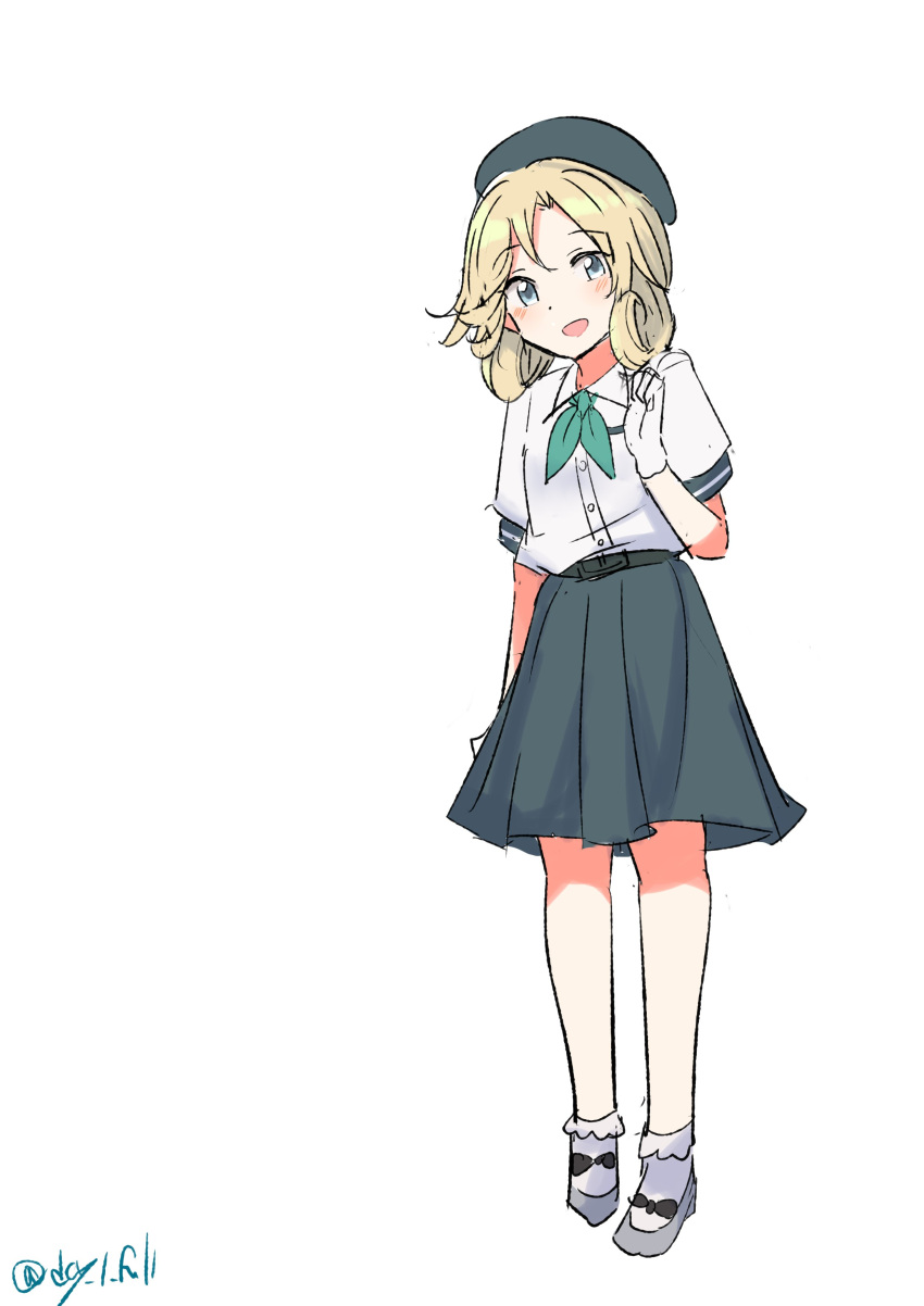 1girl absurdres beret blonde_hair blue_eyes collared_shirt dress_shirt full_body gloves green_neckerchief grey_headwear grey_skirt hat highres janus_(kancolle) kantai_collection looking_at_viewer neckerchief official_alternate_costume one-hour_drawing_challenge pleated_skirt robinson_(day_l_full) sailor_collar shirt short_hair short_sleeves simple_background skirt smile solo twitter_username white_background white_gloves white_legwear white_shirt