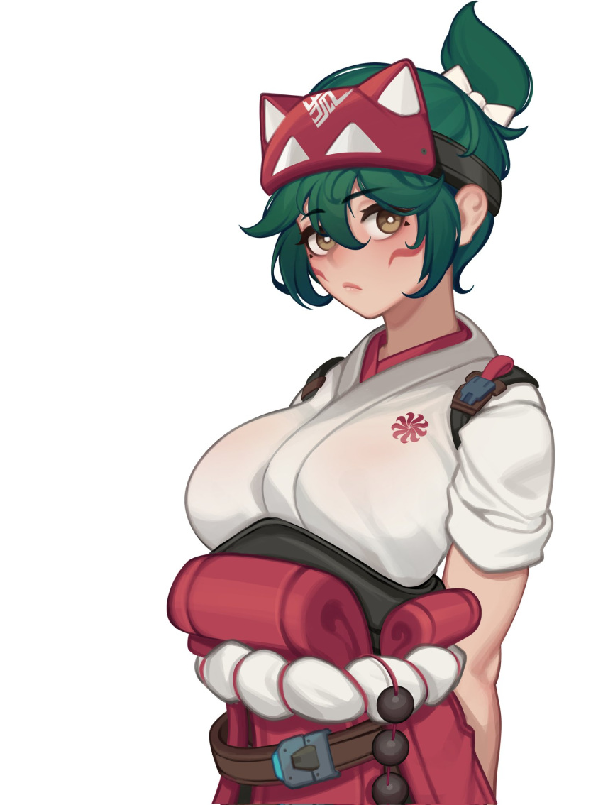 1girl arms_behind_back bagjunba_(qkrgk198) bow breasts bright_pupils brown_eyes facial_mark fox_mask frown green_hair hair_bow hakama half_mask highres japanese_clothes kimono kiriko_(overwatch) large_breasts lips looking_at_viewer mask ninja overwatch overwatch_2 red_hakama ribbon rope_belt simple_background solo standing topknot upper_body white_background white_bow white_kimono white_pupils white_ribbon