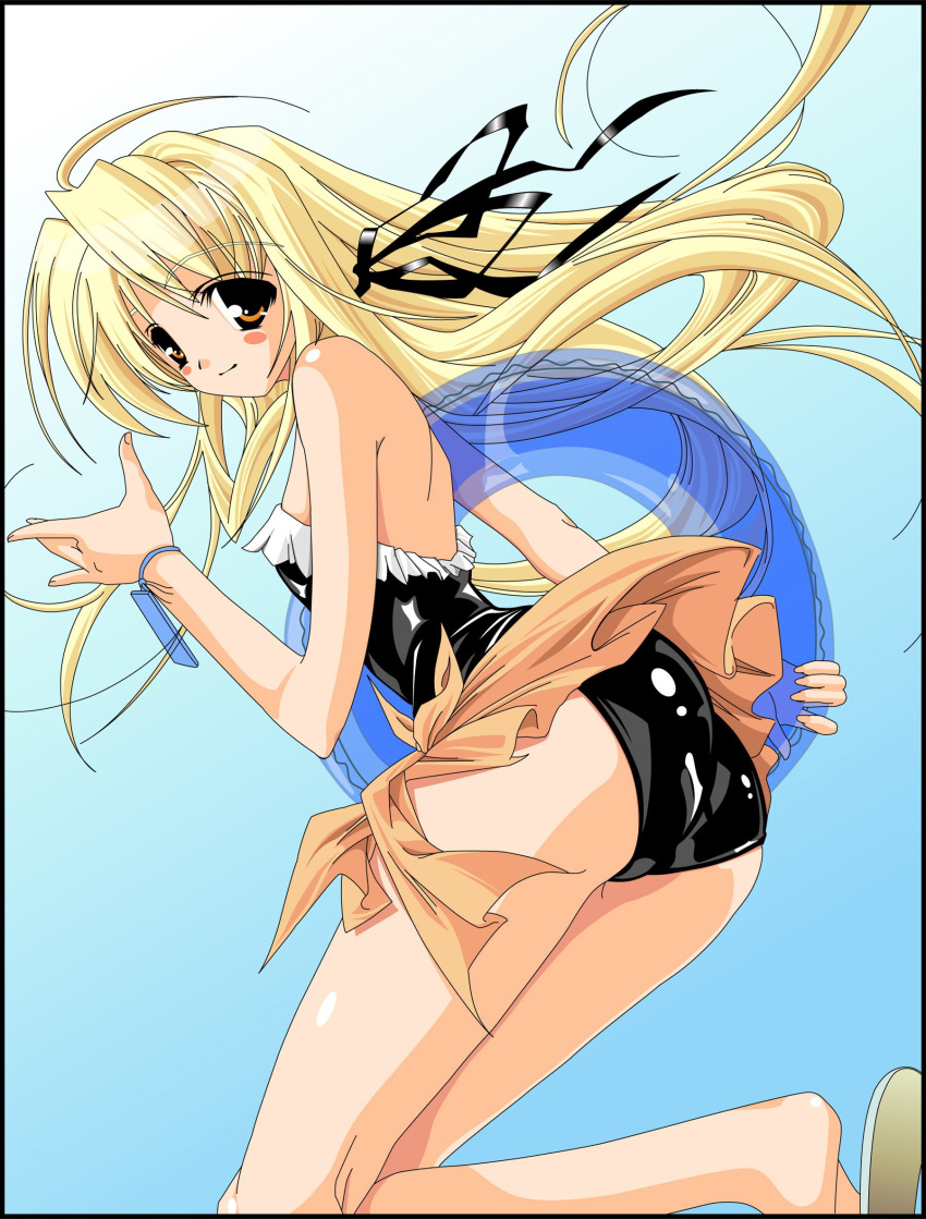 ass blonde_hair blush_stickers casual_one-piece_swimsuit frilled_swimsuit frills highres innertube long_hair looking_back one-piece_swimsuit orange_eyes sarong shoe_dangle smile solo swimsuit swimsuit trefoil wristband