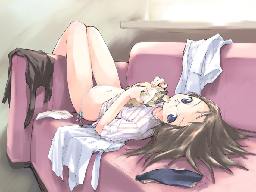 blue_eyes brown_eyes e=mc2 e=mc2_(mosimosi) eating glasses legs_up looking_back lowleg lowleg_panties lying glasses midriff navel no_pants on_back panties potato_chips shirt side-tie_panties striped thigh_gap underwear undressing wallpaper white_panties