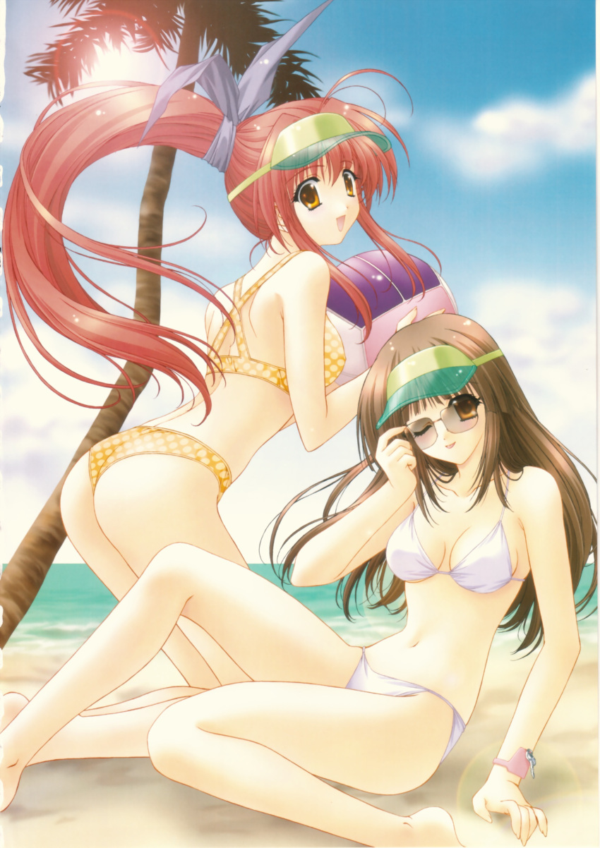 2girls absurdres ass ball beach beachball bikini bracelet breasts brown_hair cleavage hair_ribbon highres jewelry key kimizuka_aoi kneeling lens_flare long_hair looking_back multiple_girls orange_eyes palm_tree pink_hair polka_dot polka_dot_bikini polka_dot_swimsuit ponytail ribbon scan sitting smile sun sunglasses swimsuit swimsuit tree visor_cap white_bikini wink wristband