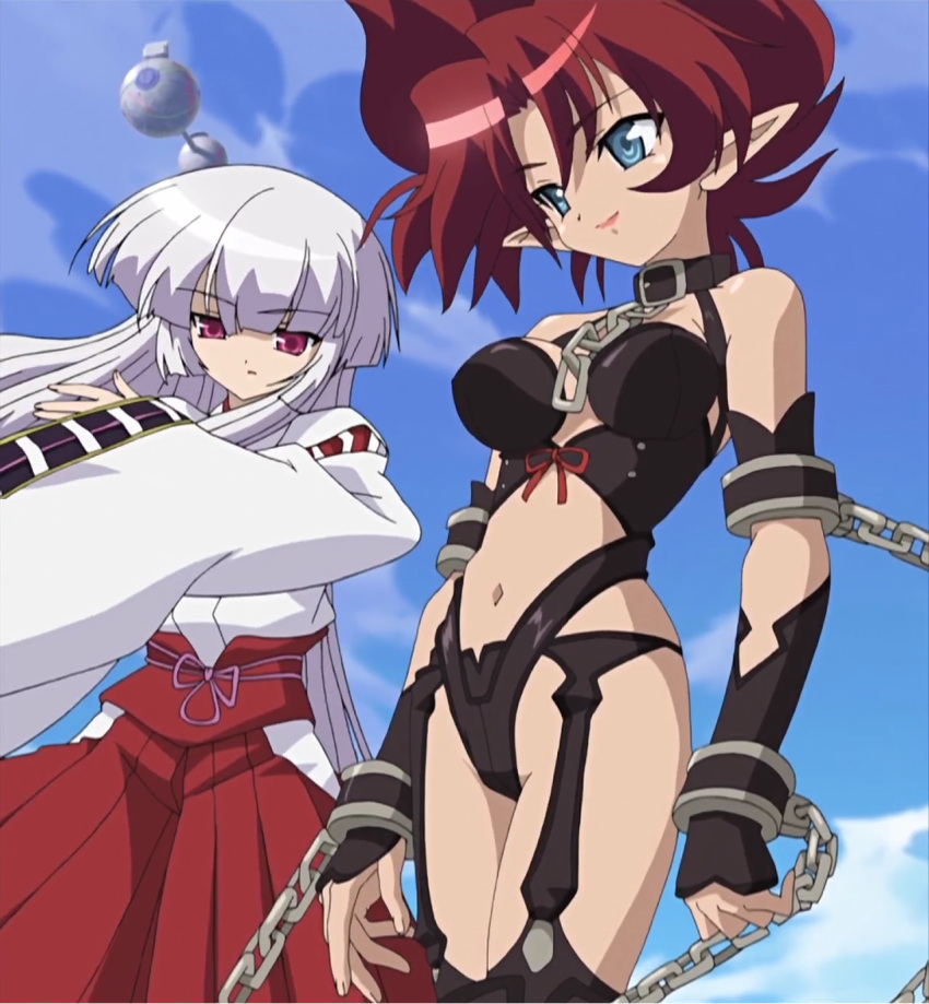 2girls blue_eyes bow cap chain chained collar cuffs garter_belt highleg highres japanese_clothes lipstick long_hair macademi_wasshoi magician's_academy miko miyabi_(macademi_wasshoi) multiple_girls navel pointy_ears purple_eyes red_hair screencap short_hair sky smile stitched synclavia thighhighs white_hair