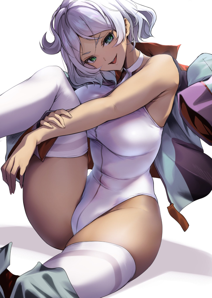 1girl dark_skin gundam gundam_suisei_no_majo highleg highleg_leotard highres hugging_own_legs jacket jacket_partially_removed leg_up leotard nylon open_clothes open_jacket secelia_dote shorts shorts_removed thick_thighs thigh-highs thighs white_hair