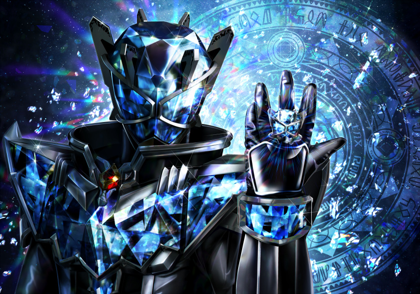 1boy gem helmet highres jewelry kamen_rider kamen_rider_wizard kamen_rider_wizard_(infinity_style) kamen_rider_wizard_(series) looking_at_viewer magic_circle male_focus masukudo_(hamamoto_hikaru) portrait ring shiny solo tokusatsu