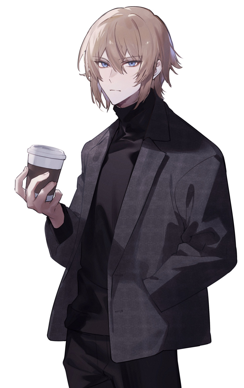 1boy absurdres black_coat black_pants black_sweater blonde_hair blue_eyes closed_mouth coat cup dainsleif_(genshin_impact) disposable_cup genshin_impact hand_in_pocket highres holding holding_cup looking_at_viewer male_focus medium_hair pants shuukenyuu simple_background solo sweater turtleneck turtleneck_sweater upper_body white_background