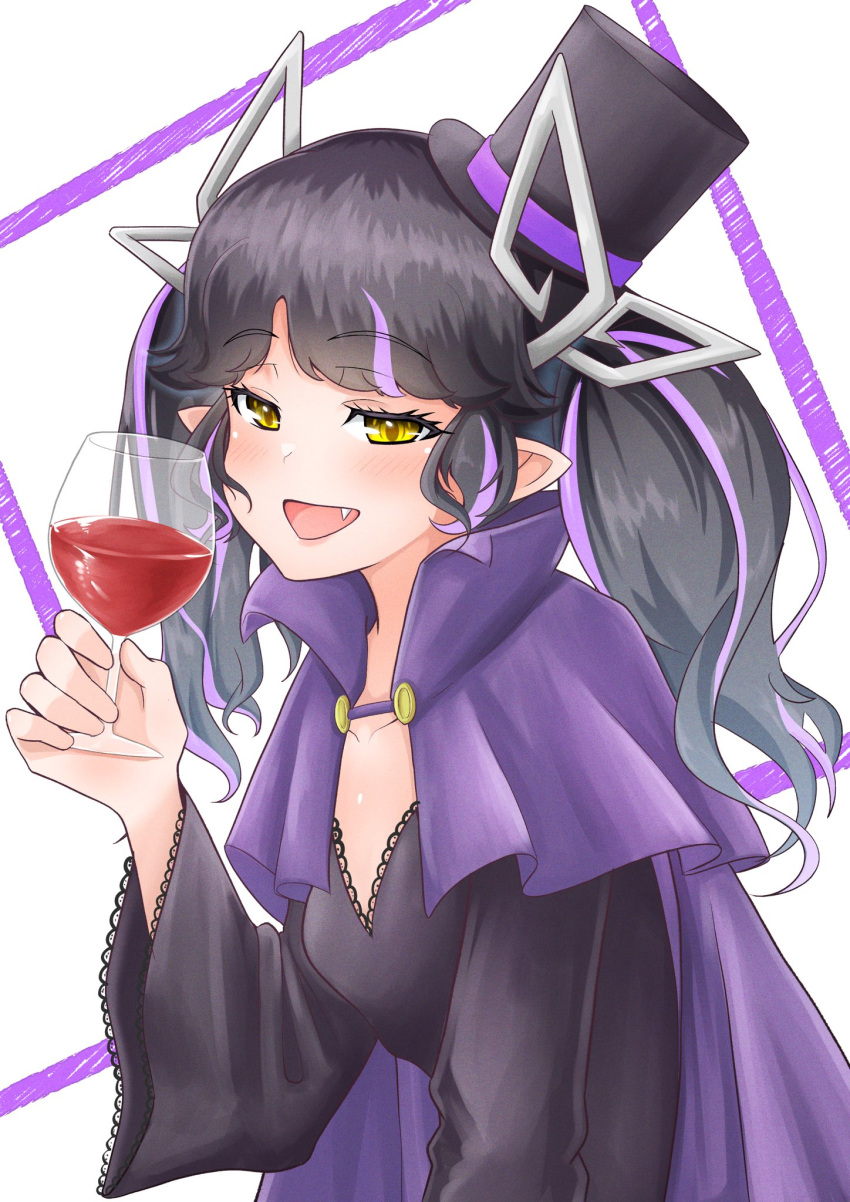 1girl 774_inc. alcohol alternate_costume bangs black_dress black_hair black_headwear blush cloak commentary_request cup demon_girl demon_horns dress drinking_glass fang halloween halloween_costume hat highres holding holding_cup horns kojo_anna long_hair looking_at_viewer multicolored_hair open_mouth pointy_ears purple_cloak purple_hair robou_no_stone smile solo sugar_lyric top_hat twintails two-tone_hair upper_body vampire_costume virtual_youtuber white_background wine wine_glass yellow_eyes