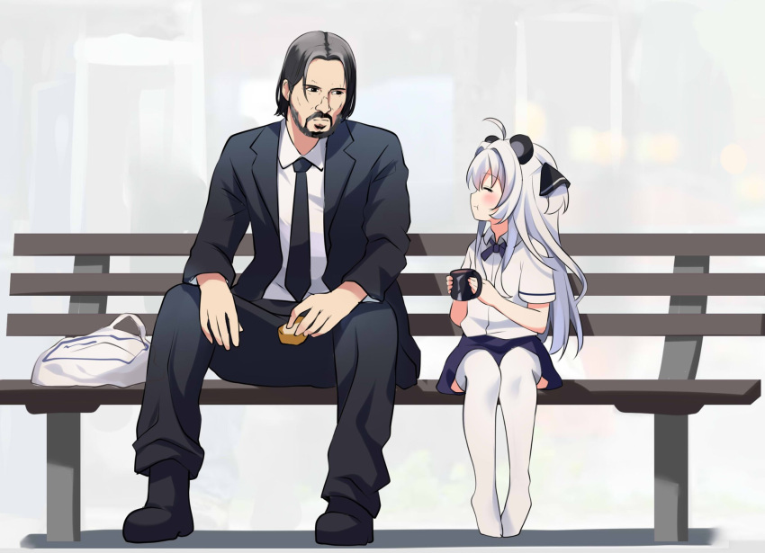 1boy 1girl animal_ears art_shift bangs beard bench black_hair black_pants bow bowtie business_suit collared_shirt crossover cup facial_hair formal hair_between_eyes height_difference highres holding holding_cup ikazu401 john_wick john_wick_(character) keanu_reeves long_hair looking_at_another mustache necktie no_shoes panda_ears panda_girl pandaclip:_the_black_thief pants park_bench school_uniform shirt short_sleeves sidelocks simple_background sitting_on_bench size_difference suit thigh-highs two_side_up white_hair white_thighhighs
