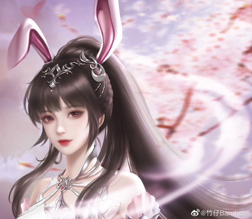 1girl absurdres animal_ears blurry blurry_background braid branch brown_hair cherry_blossoms closed_mouth collar douluo_dalu dress hair_ornament highres long_hair metal_collar pink_dress ponytail rabbit_ears shiny shiny_hair smile solo upper_body wind xiao_wu_(douluo_dalu) zhu_zai_bamboos