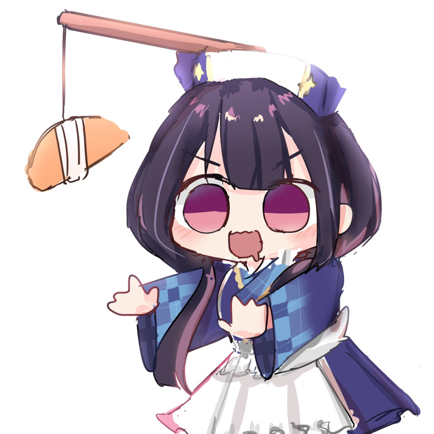 :d apron black_hair blue_dress blue_headwear blue_kimono blue_skirt blush carrot_on_stick chibi dress drooling empanada highres hina_misora japanese_clothes kimono long_hair low_twintails maid_apron mary_yerlein mouth_drool multicolored_clothes multicolored_hair multicolored_skirt pink_eyes pink_hair pink_skirt plaid_kimono reaching simple_background skirt smile solid_circle_eyes streaked_hair twintails v-shaped_eyebrows violet_eyes wactor_production white_background wide_sleeves