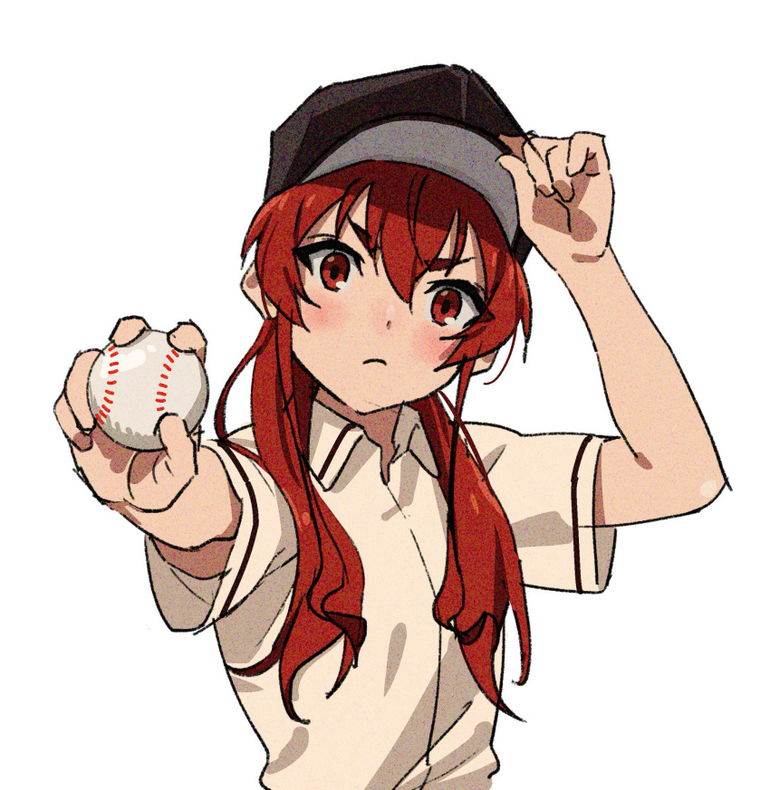 1girl alternate_costume ball bangs baseball baseball_cap baseball_uniform closed_mouth eris_greyrat facing_viewer hand_on_headwear hat highres holding holding_ball long_hair looking_at_viewer mushoku_tensei nyus0721 red_eyes redhead simple_background solo sportswear upper_body white_background