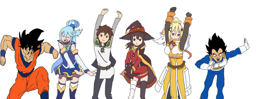 3boys 3girls aqua_(konosuba) aqua_hair arms_up blonde_hair cat chomusuke closed_eyes crossover dancing darkness_(konosuba) dragon_ball dragon_ball_z highres kono_subarashii_sekai_ni_shukufuku_wo! megumin multiple_boys multiple_girls open_mouth saiyan_armor satou_kazuma son_goku super_turles tomorrow_(konosuba) vegeta