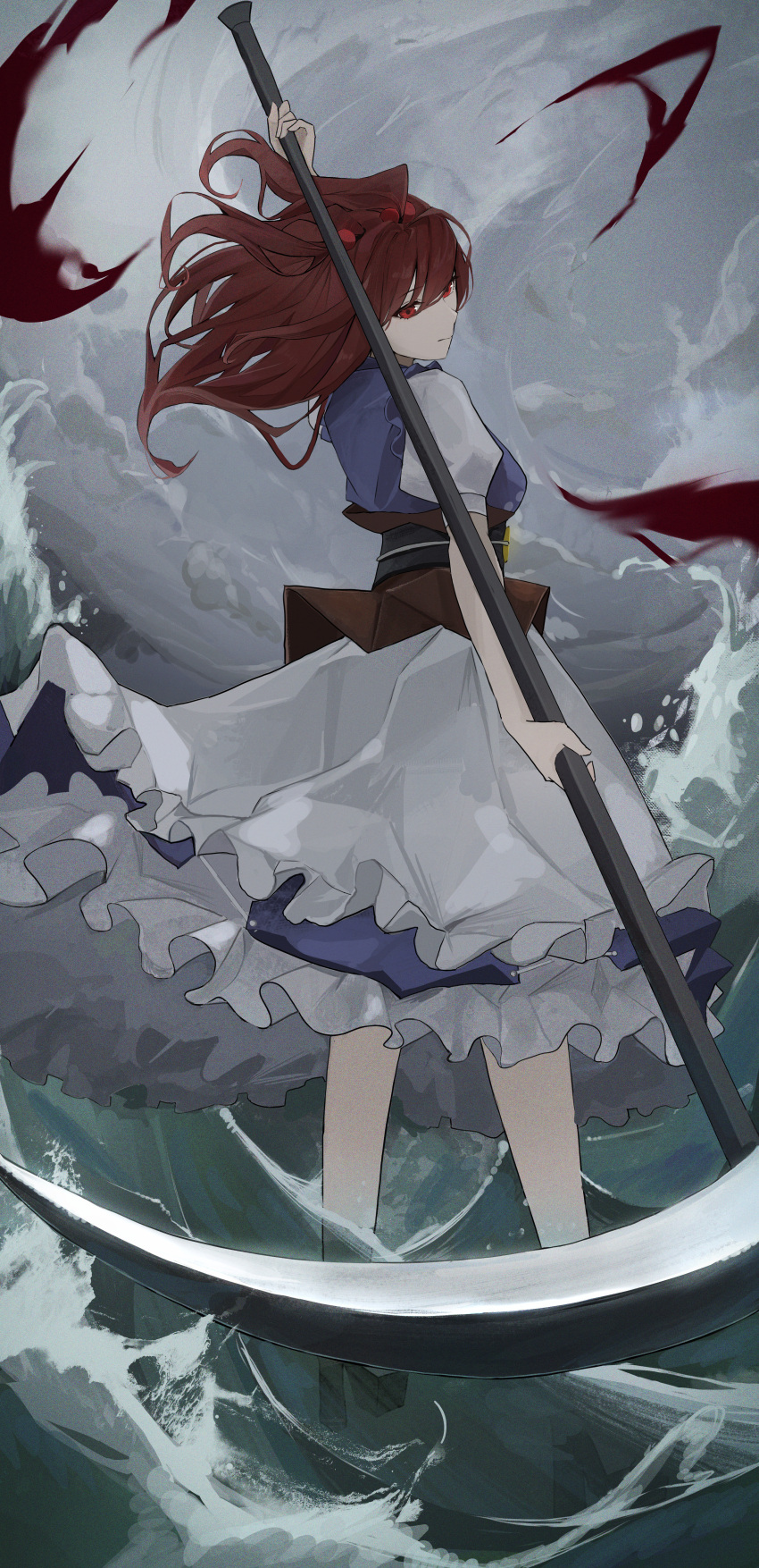 1girl absurdres black_sash blue_dress brown_sash closed_mouth coin coin_on_string dress hair_bobbles hair_ornament highres holding holding_scythe medium_hair onozuka_komachi palulap puffy_short_sleeves puffy_sleeves red_eyes redhead sash scythe short_sleeves solo touhou two_side_up water
