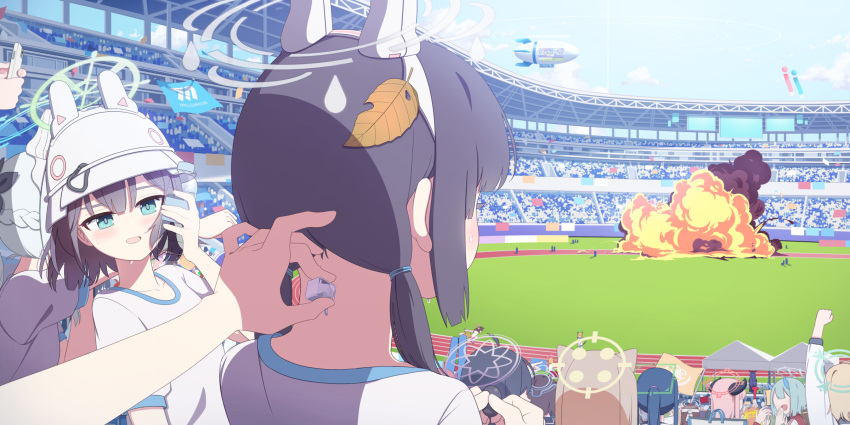 6+girls :d aircraft animal_ears bangs black_hair blue_archive blue_eyes blue_sky blurry braid buruma cat_ears cat_tail cellphone clouds cloudy_sky commentary_request demon_girl demon_horns depth_of_field dirigible explosion fake_animal_ears fake_tail fox_ears fox_girl fox_tail from_behind grey_hair gym_shirt halo helmet highres holding holding_phone horns ice ice_cube izuna_(blue_archive) leaf leaf_on_head long_hair looking_at_another medium_hair midori_(blue_archive) miyako_(blue_archive) miyu_(blue_archive) mnnnya moe_(blue_archive) momoi_(blue_archive) multiple_girls nape official_alternate_costume out_of_frame pebble phone pov prank rabbit_ears running running_track saki_(blue_archive) shirt short_hair short_sleeves sidelocks simple_background single_braid sky smartphone smile stadium sweat sweatdrop tail