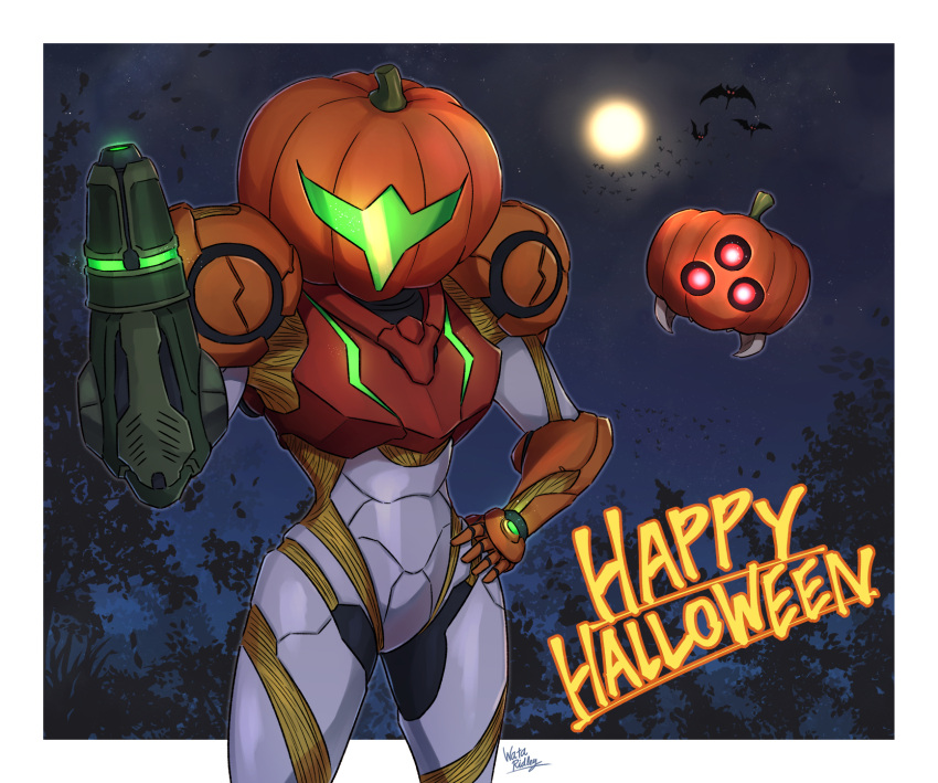 1girl arm_cannon armor bat_(animal) english_text gun halloween helmet highres jack-o'-lantern looking_at_viewer metroid metroid_(creature) metroid_dread moon night power_armor power_suit power_suit_(metroid) pumpkin samus_aran science_fiction simple_background solo wakaba_(wata_ridley) weapon