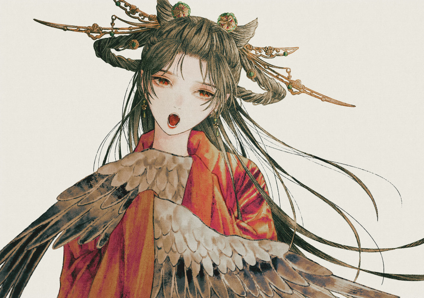 1girl :o bangs bird_wings brown_hair commentary cone_hair_bun crossed_arms dim-moon double_bun earrings fangs feathered_wings floating_hair hair_bun hair_ornament hair_rings hair_stick hands_up harpy highres jewelry long_hair looking_at_viewer monster_girl open_mouth original parted_bangs pointy_ears red_eyes simple_background slit_pupils solo tassel tassel_earrings upper_body wide_sleeves winged_arms wings yellow_background