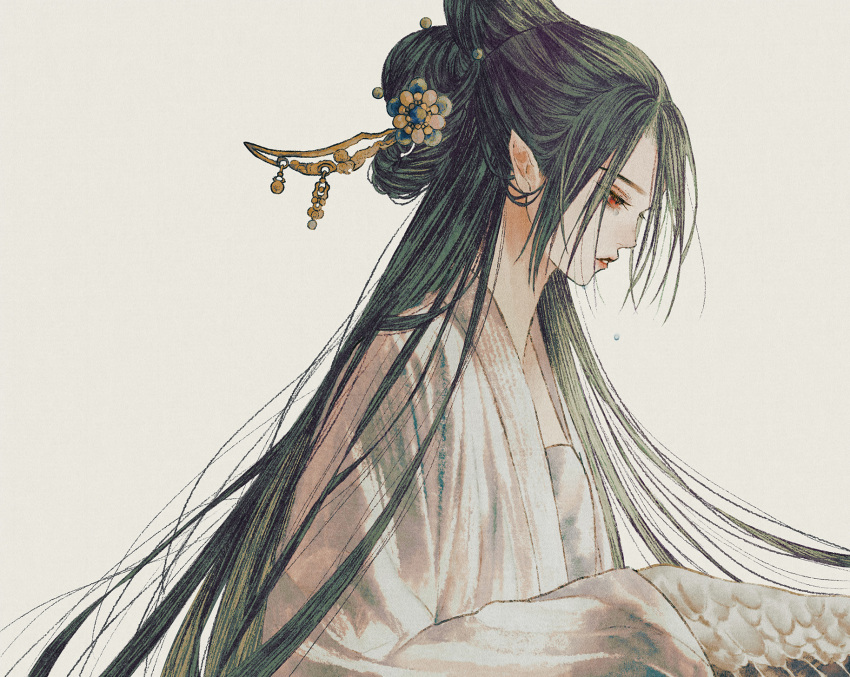 1girl bangs bird_wings black_hair commentary dim-moon expressionless feathered_wings flower from_side hair_bun hair_flower hair_ornament hair_stick harpy highres long_hair looking_down monster_girl original parted_bangs parted_lips pointy_ears profile red_eyes solo straight_hair tears winged_arms wings