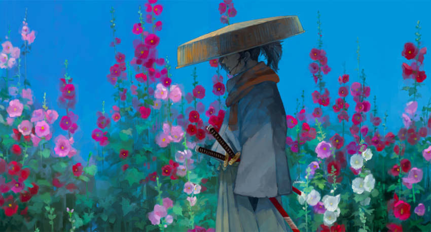 1boy black_hair fate/grand_order fate_(series) field flower flower_field from_side hat hat_over_eyes highres japanese_clothes katana male_focus nomeringo okada_izou_(fate) ponytail profile red_scarf sandogasa scarf signature sleeves_past_fingers sleeves_past_wrists solo straw_hat sword weapon