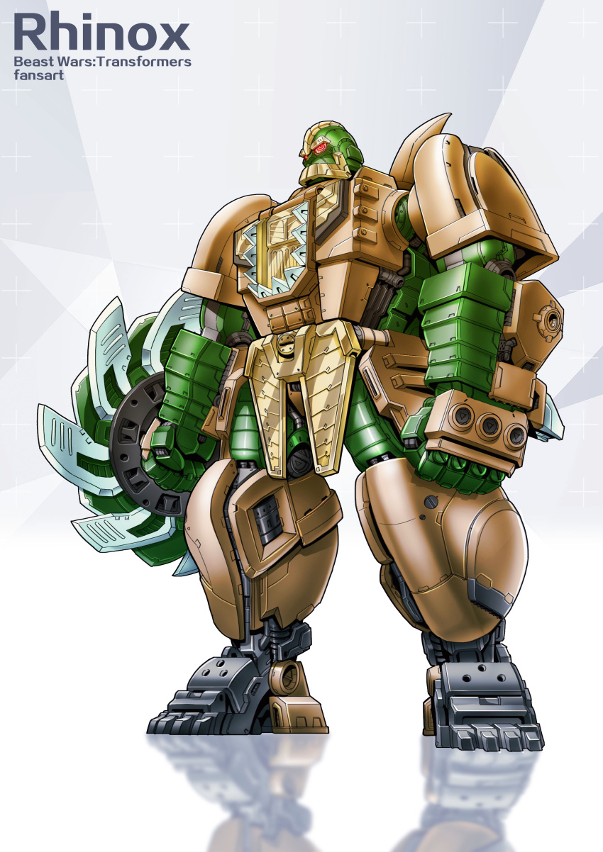 absurdres beast_wars beast_wars:_transformers chinese_commentary glowing glowing_eyes highres holding holding_shield looking_to_the_side maximal mecha no_humans red_eyes reflection reflective_floor rhinox robot science_fiction shield solo standing transformers zhuyukun