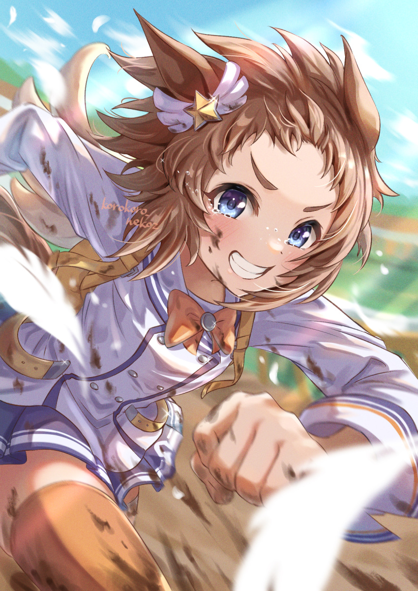 1girl animal_ears artist_name backpack bag biko_pegasus_(umamusume) blue_eyes blurry blurry_background blush bow bowtie brown_hair buruma clenched_hands day feathers grin highres horse_ears horse_girl horse_tail jacket korokoro_nekoz long_sleeves looking_at_viewer motion_blur mud orange_thighhighs outdoors purple_skirt short_hair skirt smile solo tail tearing_up tears thigh-highs umamusume v-shaped_eyebrows white_jacket wings